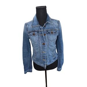 LOFT Womens Medium Wash Blue Denim Trucker Jacket Stretch Jean Jacket Size XS